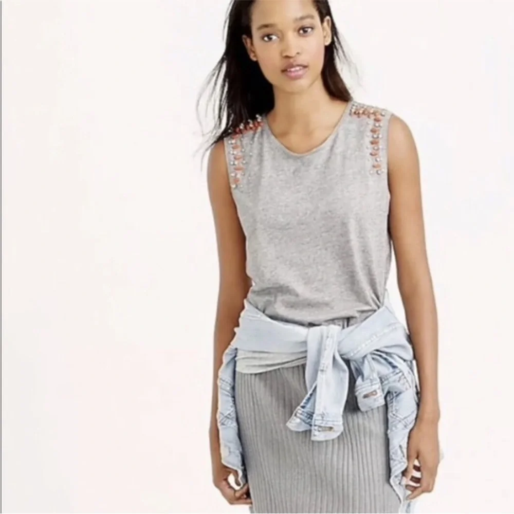 J Crew Gray Orange Jewel Embellished Cotton Tank Top